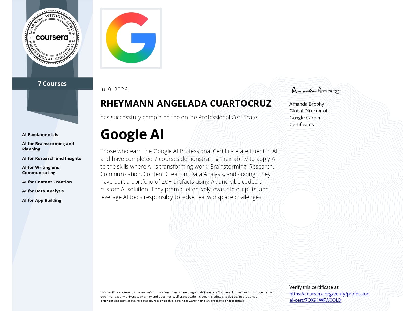 Google AI Professional Certificate certificate preview